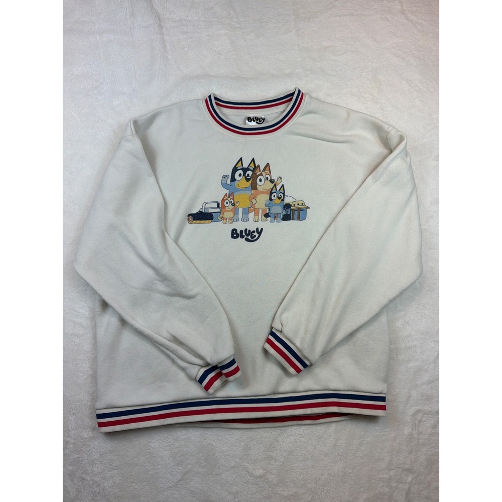Bluey Family Graphic Sweatshirt Cream Striped Trim Pullover XL Heeler Family